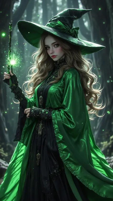 A charming portrait of a mysterious witch，she casts spells with her wand，eyes sparkling with magic，wearing a flowing emerald green robe，digital painting，metaphorical art，rayism painting，detailed mesmerizing gaze，magical fantasy art，whimsical elegance，hyper...