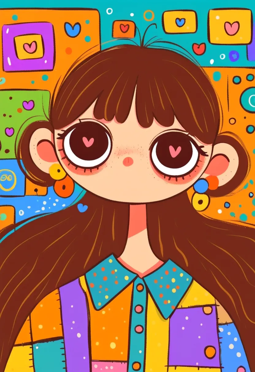 Flat wind，vector，   childish art cartoon of elementary school students in the classroom ， anime girl with brown hair and big earrings,  big eyes，  has a lovely expression ，  bangs，  Minimalist， women's shirt with big collar，Patchwork，Lovely art style,   co...