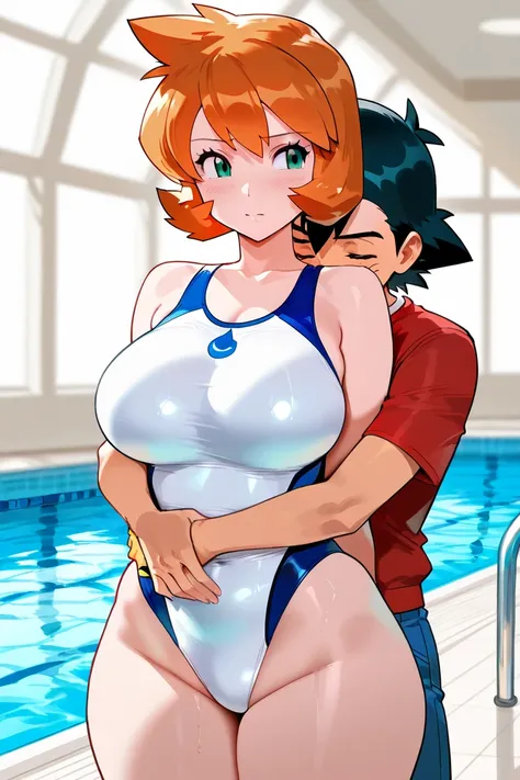 Misty (Pokemon_HGSS), white_competitive_swimsuit, curvy, indoors, pool, hug from back, ash ketchum.