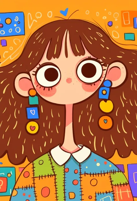 Flat wind，vector，   childish art cartoon of elementary school students in the classroom ， anime girl with brown hair and big earrings,  big eyes，  has a lovely expression ，  bangs，  Minimalist， women's shirt with big collar，Patchwork，Lovely art style,   co...