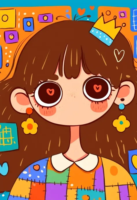 Flat wind，vector，   childish art cartoon of elementary school students in the classroom ， anime girl with brown hair and big earrings,  big eyes，  has a lovely expression ，  bangs，  Minimalist， women's shirt with big collar，Patchwork，Lovely art style,   co...