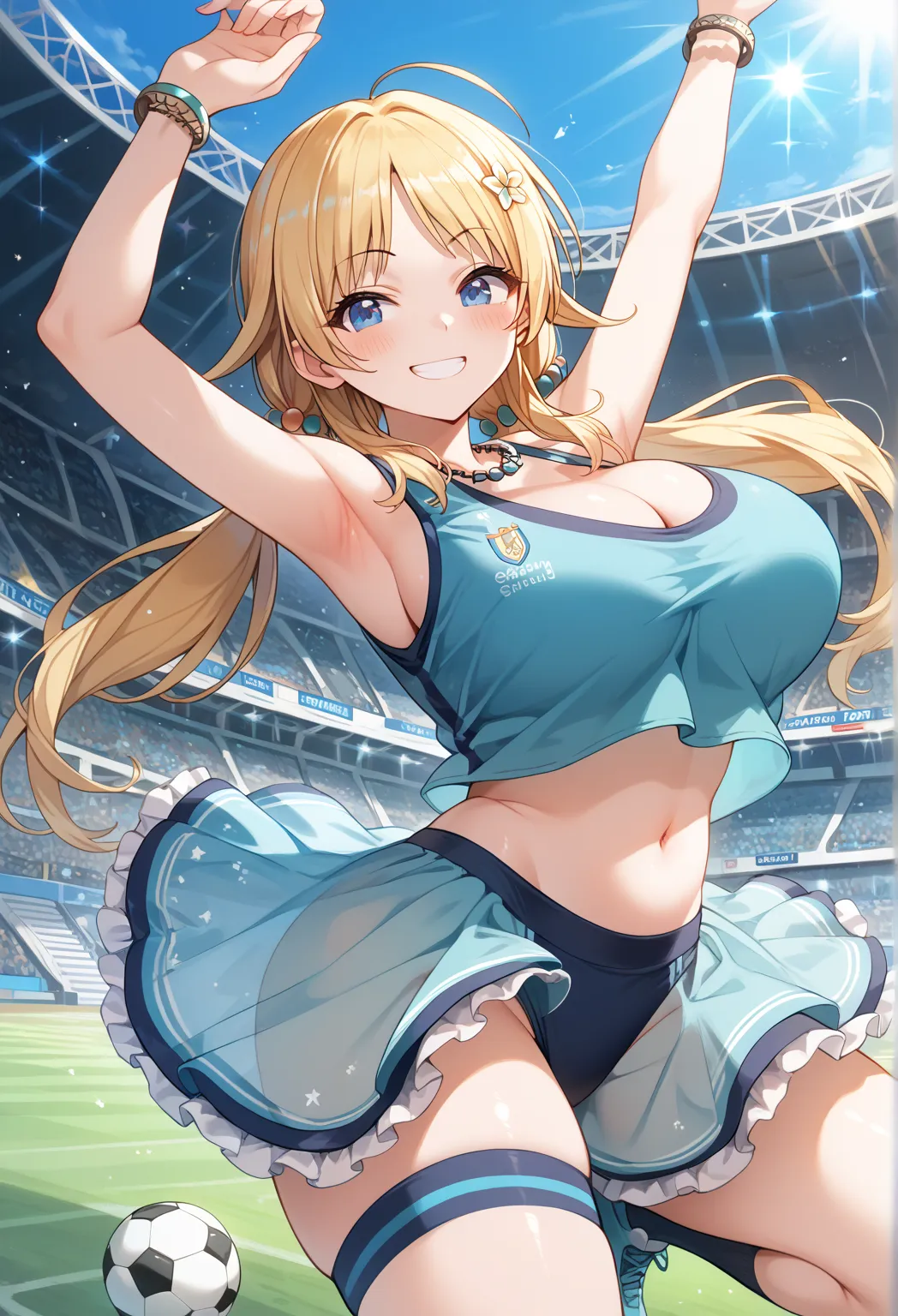 hachimiya meguru, 1girl, blonde hair, low twintails, long hair, blue eyes, huge breast, curvy, huge hip, (cheer leader:1.3), tank top, armpits, cleavage, navel, frilled skirt, see-through skirt, pompom, shiny skin, (bursty breasts:1.2), (blush, smile:1.2),...