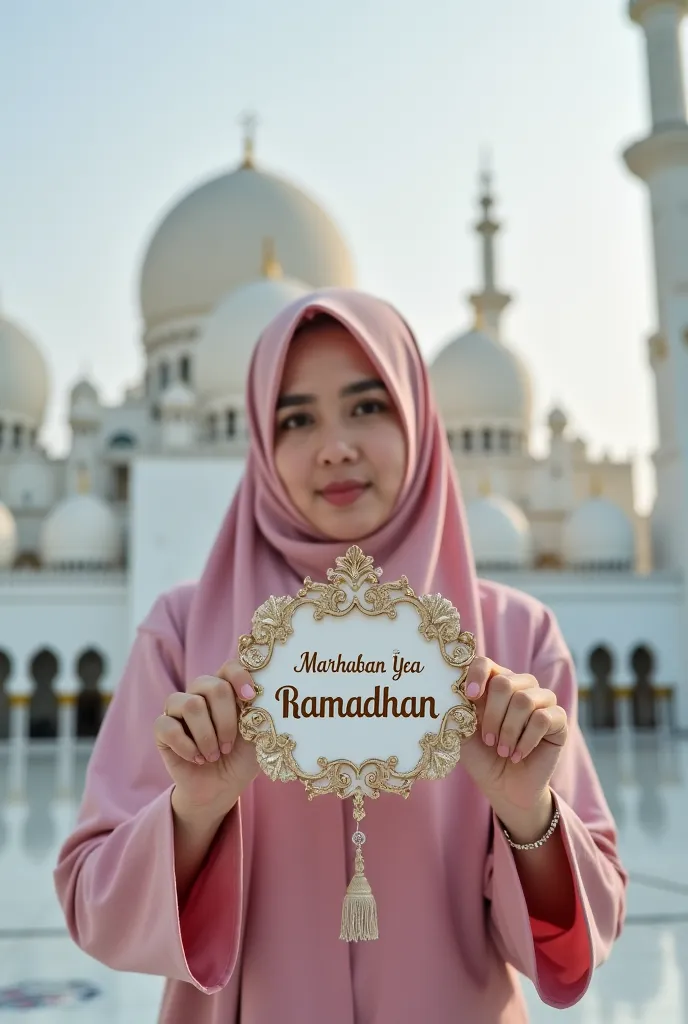 A beautiful woman in an Indonesian hijab wearing a beautiful pink dress is standing in front of the camera with both hands holding an intricate sign that reads Marhaban Yaa Ramadhan   against the background of a magnificent mosque