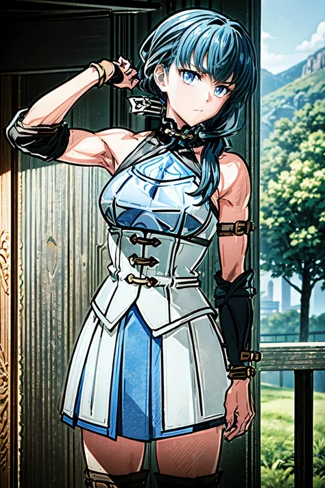 ((((((iron breastplate, chest protector, gray armor)))))), (((no-connected two corsets in blue cloth, wide-set two corsets between blue cloth, many belts with porch:1.3))), (((many belts of arm rings and elbow iron silver gauntlets with brown fingerless gl...