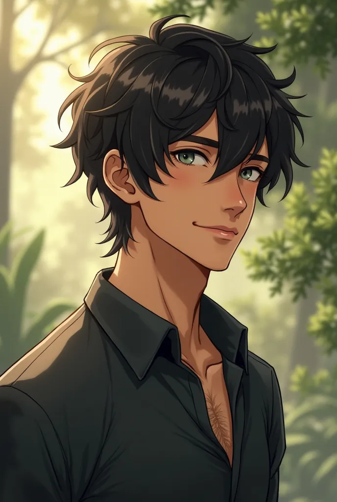  male character , average height ( neither too high nor too low ),  Dark and somewhat disheveled hair , with a relaxed touch ,  deep eyes , that convey calm and some mystery, dark gray or deep blue,  with a slim build ,  but with a secure posture . Soft an...