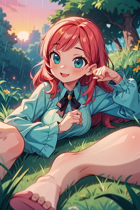 (masterpiece, best quality), outdoor, intricate detail, girl, lying on the grass on the hill, soft rain, sunset, aqua blue blouse, pink short  skirt, long orange hair, aquamarine eyes, smiley and sexy expression, sexy pose, coquette, gorgeous legs, mature ...