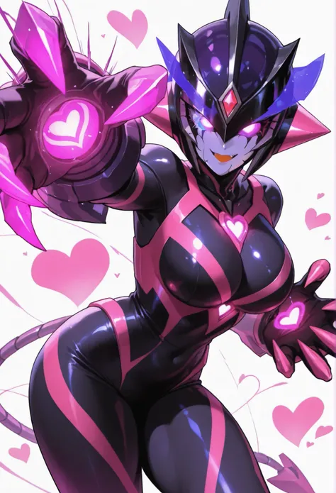 Dark UltraWoman. （high quality）（luster）（(Black Face and red eyeline)）（Black thema color. Purple thema color. black helmet. A full-face helmet. Pink lines. Purple glowing mechanical eyes. The whole body is covered with a black bodysuit. Thick legs. Spike de...