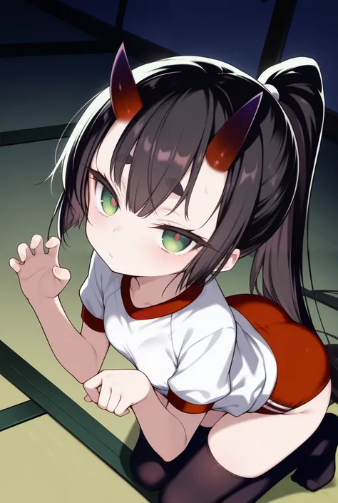 score_9, score_8_up, score_7_up, ((dim, dark room, deep shadows, tatami)), looking up at viewer, dutch angle, (solo, 1girl, black hair, green eyes, very long ponytail, dark red horn, Purple-tipped horn, horn on forehead), ((loli, thin, petite, female, shor...