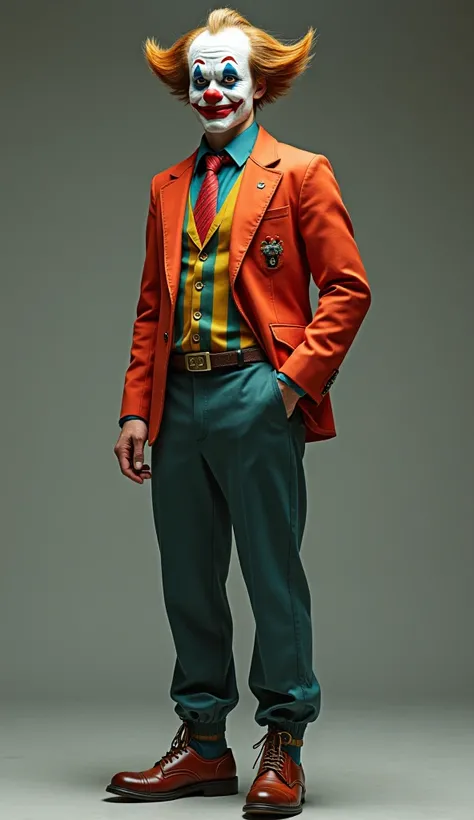 Clown blazer Oxford shirt tie belt pants dress Oxford shoes standing body smiling angry 