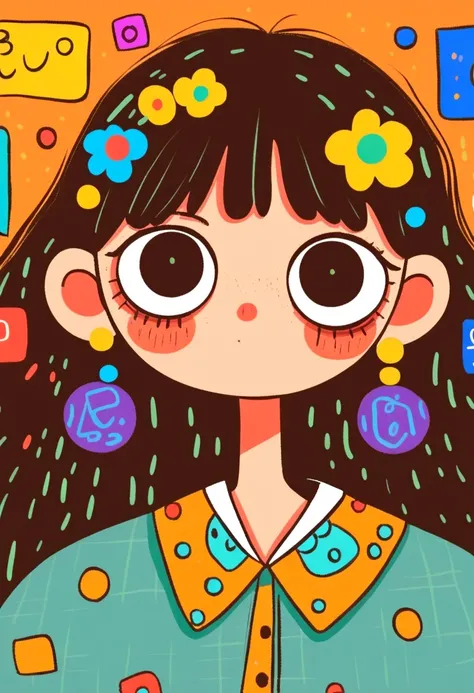 Flat wind，vector，   childish art cartoon of elementary school students in the classroom ，  anime girl with big earrings,  big eyes，  has a lovely expression ，  Minimalist，women's shirt with big white collar，Patchwork，Lovely art style,   colorful! Digital i...