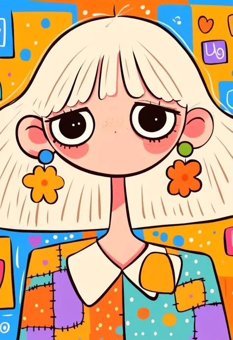 Flat wind，vector，   childish art cartoon of elementary school students in the classroom ， anime girl with big earrings,  big eyes，  has a lovely expression ，  Minimalist，women's shirt with big white collar，Patchwork，Lovely art style,   colorful! Digital il...