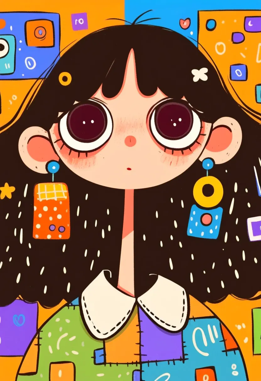 Flat wind，vector，   childish art cartoon of elementary school students in the classroom ， anime girl with big earrings,  big eyes，  has a lovely expression ，  Minimalist，women's shirt with big white collar，Patchwork，Lovely art style,   colorful! Digital il...