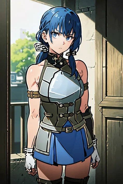 ((((((iron breastplate, chest protector, gray armor)))))), (((no-connected two corsets in blue cloth, wide-set two corsets between blue cloth, many belts with porch:1.3))), (((many belts of arm rings and elbow iron silver gauntlets with brown fingerless gl...