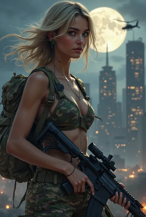 realistic、realistic、realistic skin texture、Photo quality、High resolution、High resolution、Beautiful Arabian Girl、The upper body is wearing a camouflage bra top..、Manhattan night view、1 very beautiful female soldier、Carrying a military backpack、Wearing a bul...