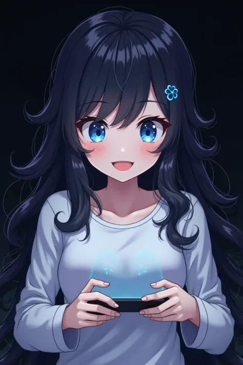  Anime Girl ,  blue eyes , Friendly eyes ,   black hair ,  long wave hair ,  white open collar shirt ,  blank long sleeve t-shirt  ,  playing a game ,   dark background