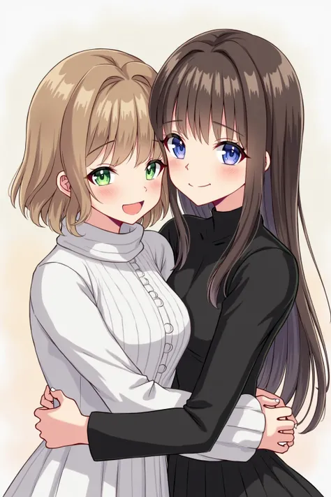   anime style,  two women,Woman 2 hugs Woman 1 like sisters.

Woman 1: Young Adults,  Right eye is blue、The left eye is green , short white fur .

Woman 2: Young Adults,  I'll hug you like , Narrow eyes,  long haired and straight dark brown banks, Black el...