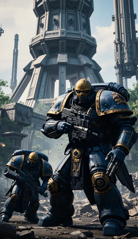 Space marines wearing a helmet from the wathamer 40000 computer game, Order of Ultramarines , heavy bolter in hand,  computer game against the background of a garden town with huge guns that look up, 