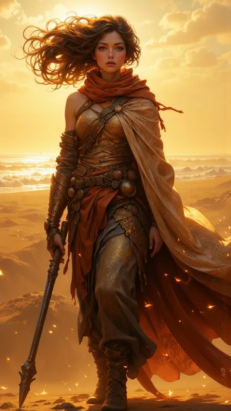  in the unrepentant gaze of the sun ， She strolls the golden-hued beach 。 adorned with symbolic steel and eternal Fire ，Brave Warrior ， Her essence is undamaged 。 Breeze a gentle understatement ， The desert may burn ， Yet she refuses to return 。 the noble ...