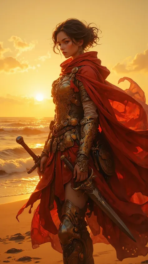  in the unrepentant gaze of the sun ， She strolls the golden-hued beach 。 adorned with symbolic steel and eternal Fire ，Brave Warrior ， Her essence is undamaged 。 Breeze a gentle understatement ， The desert may burn ， Yet she refuses to return 。 the noble ...