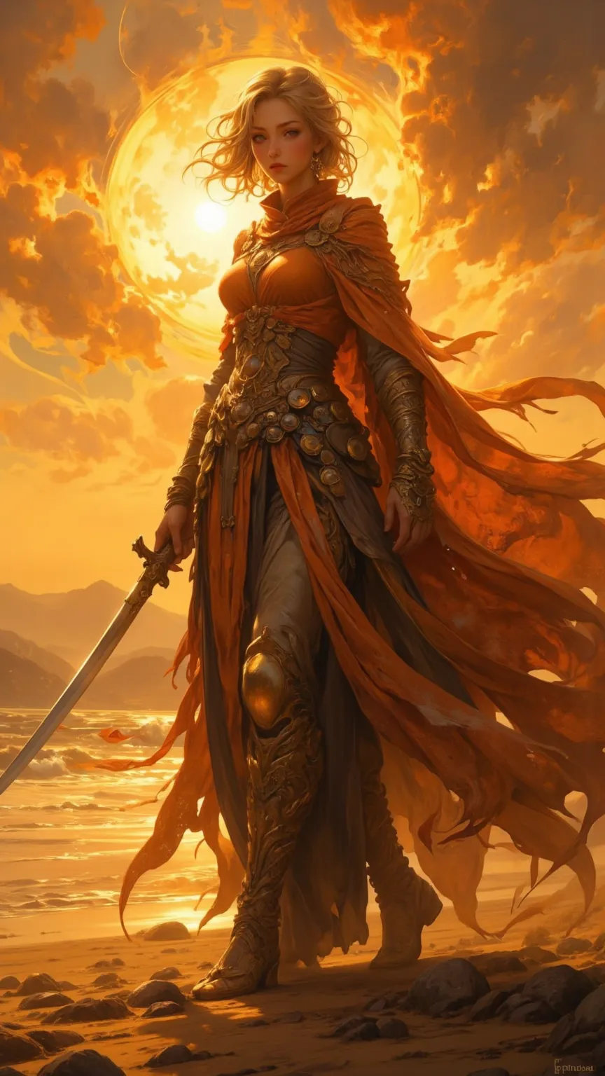  in the unrepentant gaze of the sun ， She strolls the golden-hued beach 。 adorned with symbolic steel and eternal Fire ，Brave Warrior ， Her essence is undamaged 。 Breeze a gentle understatement ， The desert may burn ， Yet she refuses to return 。 the noble ...