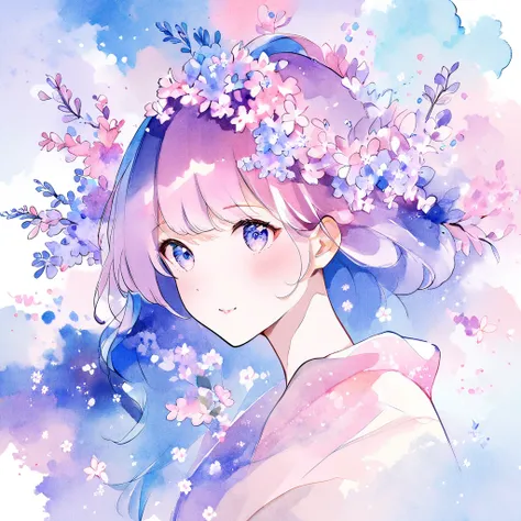  female painting with white pink lilac blue flowers in her hair,  watercolorの細密な芸術, Watercolor digitalペイント,   watercolor illustration ,   watercolor illustration  style,  watercolor,  watercolorの芸術, Watercolor digital, Watercolor digital,  white pink lilac...