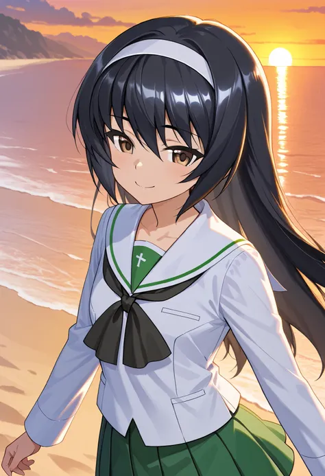  high resolution,  best quality,  Super Quality  ,  one girl、solo、Reizei Mako、 black hair、 brown eyes、smile、Uniform up、 ( Oarai school uniform :1.3),White sailor collar,  black neckerchief ,  white shirt,  Long Sleeve  , Green Skirt 、White hair band、 outdo...