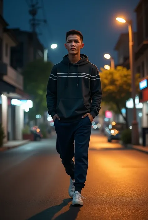 A 30-year-old Indonesian man with a stylish two-block haircut strides confidently down a quiet, dimly lit street at night. His casual outfit consists of a fitted dark gray hoodie with subtle white stripes, paired with loose-fitting navy blue joggers and wh...