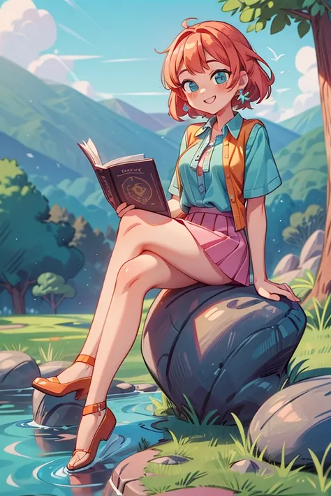 (masterpiece, best quality), girl sit on rock, outdoor, intricate detail, hills landscape, sunlight, aqua blue blouse, pink short  skirt, long orange hair, aquamarine eyes, smiley and sexy expression, sexy pose, coquette, gorgeous legs, mature body, beauti...