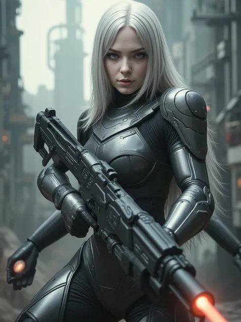 woman　pale skin, silver hair, gray eyes　Armored Suit　 laser gun