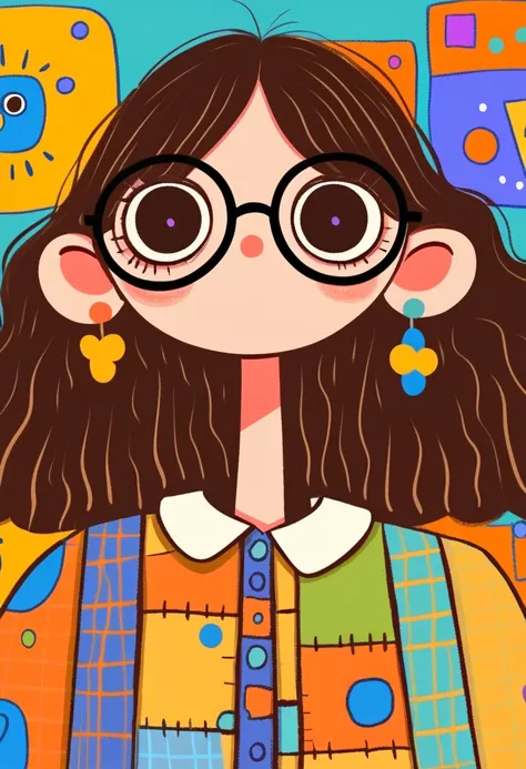 Flat wind，vector，   childish art cartoon of elementary school students in the classroom ，  ANIMATED GIRL WITH BIG GLASSES ,  big eyes，  has a lovely expression ，  Minimalist， WOMAN SHIRT WITH BIG WHITE COLLAR，Patchwork，Lovely art style,   colorful! Digital...