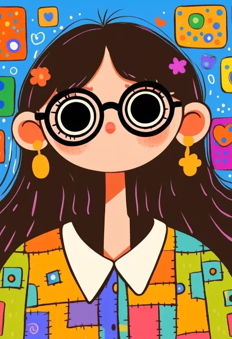 Flat wind，vector，   childish art cartoon of elementary school students in the classroom ，  ANIMATED GIRL WITH BIG GLASSES ,  big eyes，  has a lovely expression ，  Minimalist， WOMAN SHIRT WITH BIG WHITE COLLAR，Patchwork，Lovely art style,   colorful! Digital...