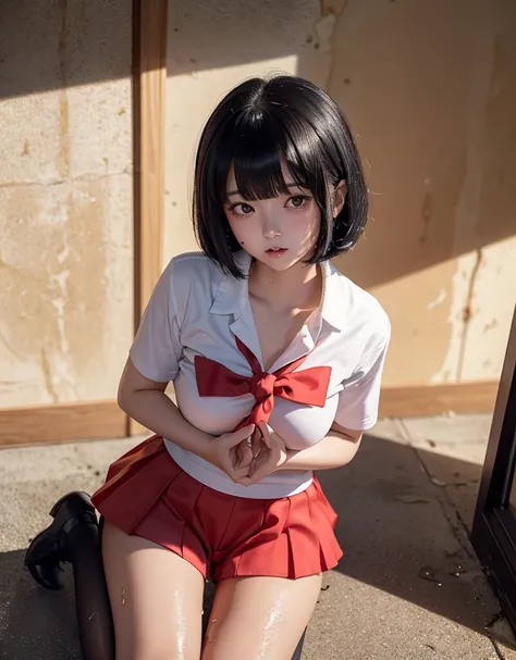 1 woman, masterpiece, 4k, 23 years old, japanese woman, short black hair with bangs, bob haircut, gigant breast, embaresed, red cheeks, school uniform, shorts, on a classroom, melting body, slime body, melting on the ground, perfect lighting, close up, fac...