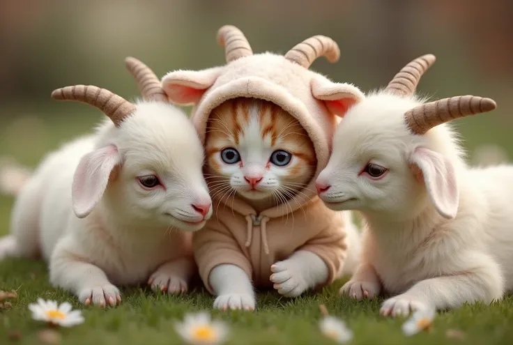 Kitten、 wear a baby goat costume、With young goats、Hugging。
 real kittens。