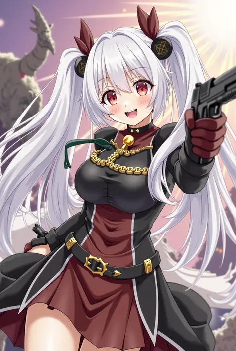 masterpiece, 1girl, (armor:1.1), (nose hook), reins, collar, chain, happy trance, smile, hair ornaments, vlong hair, white hair, twintails, hair ribbon, crimson eyes, Destroyer, Girls' Frontline, small breast, pale skin, expressionless, emotionless, blank ...