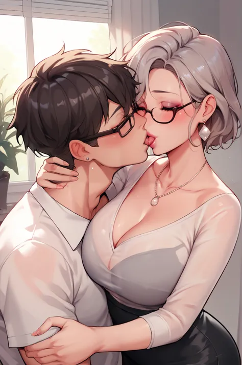 Hot sexy beautiful cute milf French kissing with Handsome man in office cabin ,brown see through t shirt,black pencil skirt, silver chandelier earrings,big breasts,  lipstick,makeup, black,two falling hair strands,blush,short hair , glasses 