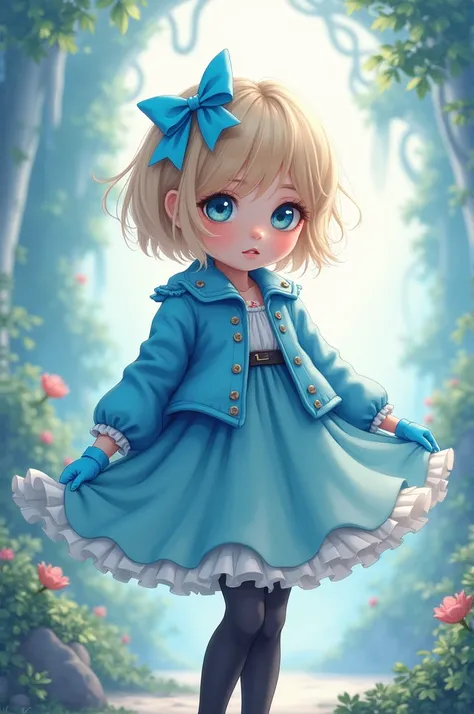 A girl with short blond hair (Honguito ),  He has blue eyes,  has a blue ribbon in her hair ,  has a blue jacket , blue gloves,  a blue skirt and under her skirt a black tights with black shoes too

