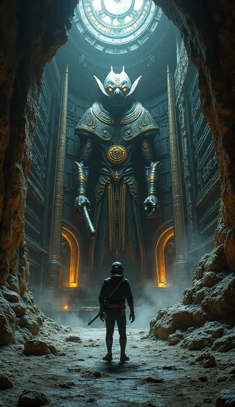  Inside an immense metal cave ,  the explorers discover an ancient alien forge ,  where gigantic machines of unknown origin They stand as witnesses of a lost civilization. The walls,  of a black metal with gold inlays ,  are engraved with Egyptian hierogly...