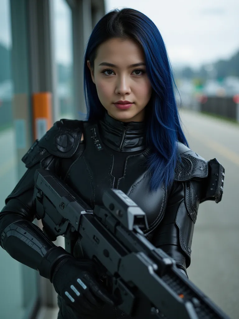 woman　Blue Hair（ navy）Long, clean-eyed, blunt-eyed　Armored Suit　 laser gun