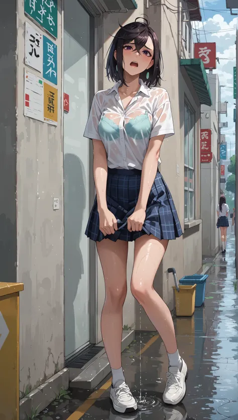 rape, Momose Momo in a school uniform, 18 years old, got caught in a summer pouring rain on the street, stands wet in a puddle of rainwater,  trying to hide from the downpour, white short-sleeved shirt is soaked through, bra  are visible through the shirt,...