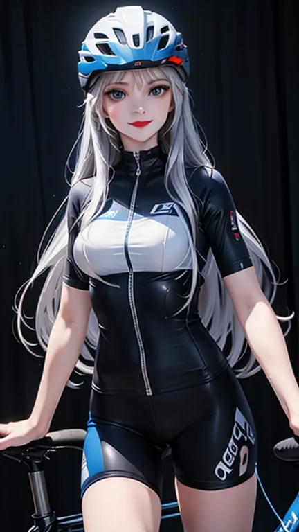 woman , long hair white, normal, she is solo, from alternative world ,best quality, realistic, cycling full (blue black) colors suit and cycling sports shorts, she is stand , smile, red lipstick , helmet 