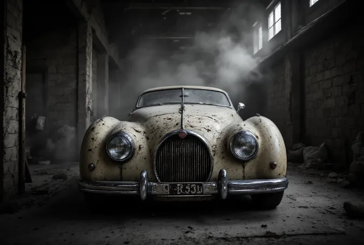 {{A ((mysterious and cinematic)) depiction of {((a forgotten 1938 Bugatti Type 57, covered in a fine layer of dust, hidden inside an old wooden barn))}}} with {((rusting fenders, cracked leather seats, and soft morning fog filtering through broken wooden s...