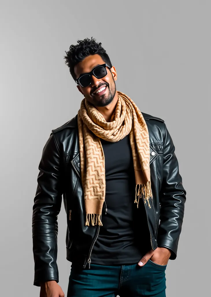 A man of dark complexion and mid-age, with short, curly black hair, is the central subject. He is wearing black sunglasses, a black leather jacket, a tan-and-beige patterned scarf, and dark-teal colored jeans. His expression is a slight smile. He has a med...