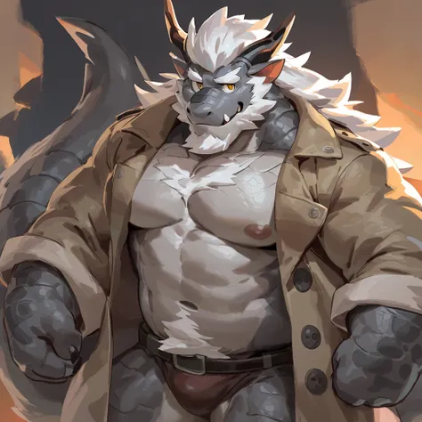 (artist: jacketbear,lindong, null-ghost, dangpa, gamma_g, kulplant),male, nsfw, eastern dragon, , bara, big chest, simple bg, one fluffy tail, old man, fluffy mane, , grey body, white hair, solo, scales, detailed scales, trench coat, black slack, dragon ho...