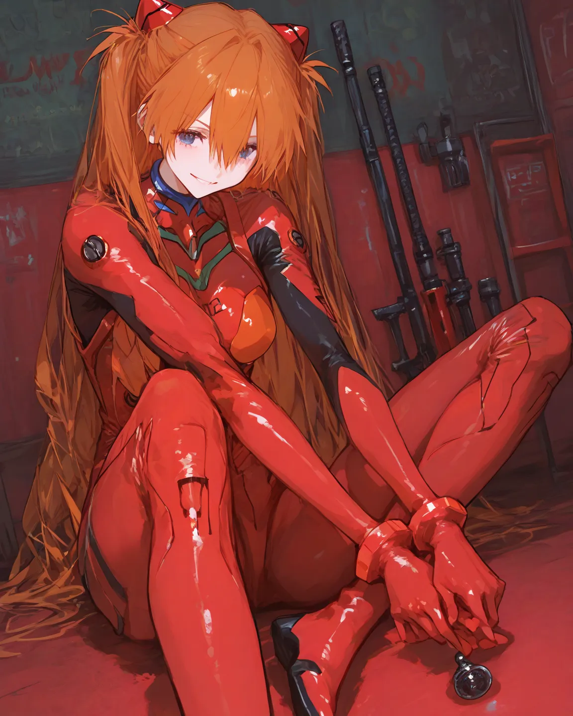    top quality with beautiful eyes,       masterpiece,         8k Wallpaper、 high detail、 Masterpiece、 latest,                    woman 1 person、          Soryu Asuka Langley    、     orange hair、       blue eyes、       red plug suit、(neck to foot plug sui...