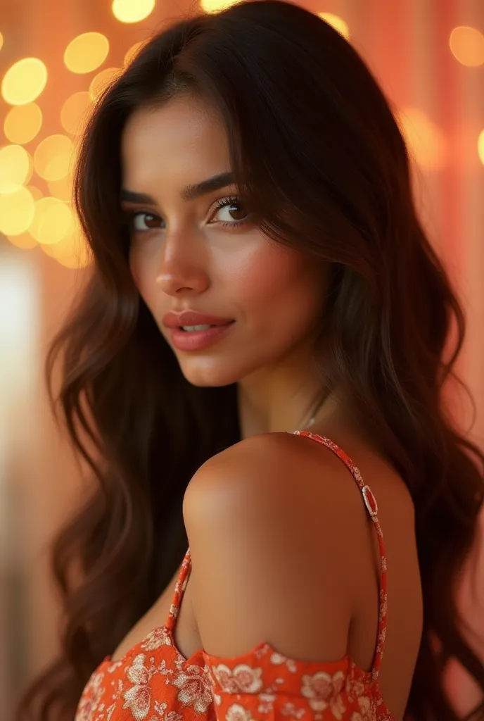 "A highly attractive and stylish young woman with deep, expressive eyes like Deepika Padukone, perfectly shaped lips like Kylie Jenner, a refined and high-fashion face like Bella Hadid, long and glossy hair like Aishwarya Rai, and a trendy, bold dressing s...