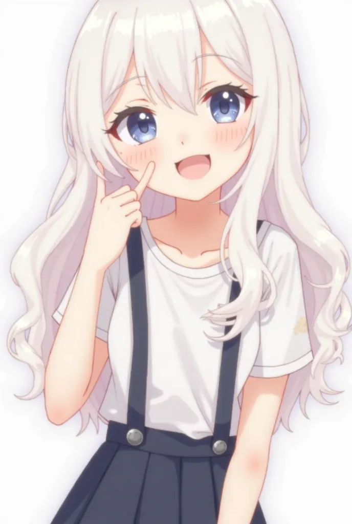  Cute and fresh Japanese anime character . White hair with long, wavy hair . Suspender skirt. Let only the upper body come out.  winks while putting his index finger on his cheek and slightly melons.