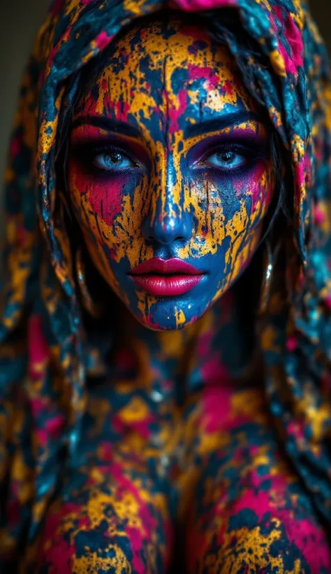 (((realistic photography))),, full body portrait, full shot,  beautiful woman, looking at viewer, abstract bodypainting, whole body painted, bodypainting,, colorful abstract bodypainting,, (RAW Photo, cg unity, photography, ultra realistic details, sharp f...