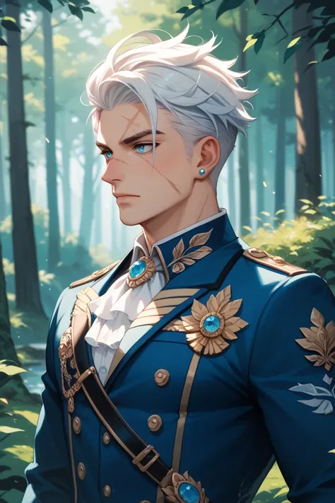 (Anime) male, blue eyes, wolf cut hairstyle, 22 years old, black and cyan aristocrat battle suit, white hair, forest, battle scars