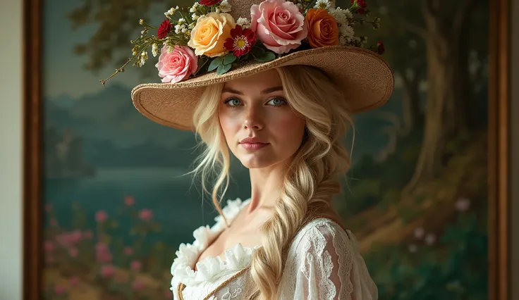 (((Half-body portrait of a stunning woman with light blonde hair and vivid blue eyes))) dressed in elegant Victorian attire, complete with a stylish hat adorned with an abundance of colorful, intricately arranged flowers. The background features a large, i...