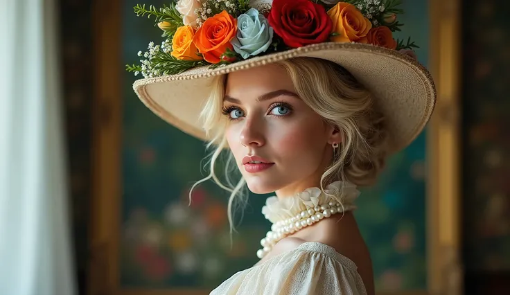 (((Half-body portrait of a stunning woman with light blonde hair and vivid blue eyes))) dressed in elegant Victorian attire, complete with a stylish hat adorned with an abundance of colorful, intricately arranged flowers. The background features a large, i...